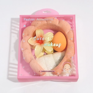 Pink braided headband gift set with yellow flower clip and white plush wristbands