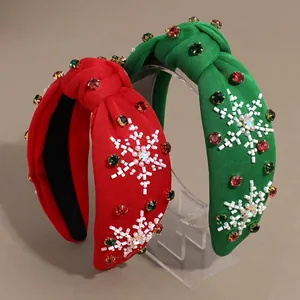 Women Christmas Knotted Wide Headband Rhinestone Snowflake Bead Embroidered Festive Hair Hoop Party Hair Accessories