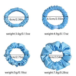 Size chart showing diameter and weight for four blue satin hair scrunchies
