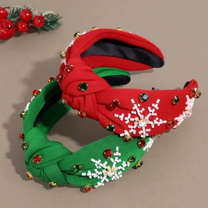 Christmas knotted headbands with rhinestones and beaded snowflake patterns in red and green