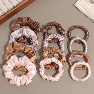 Satin silk hair scrunchie set in assorted earth tones and three sizes for hair styling
