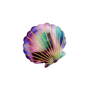 Shell shaped acetate hair claw clip with colorful gradient and gold radial line details