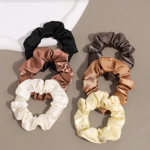Set of 6 premium satin scrunchies in neutral earth tones with elegant silky shine
