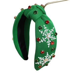 Green knotted rhinestone headband with white pearl snowflakes for Christmas hair styling