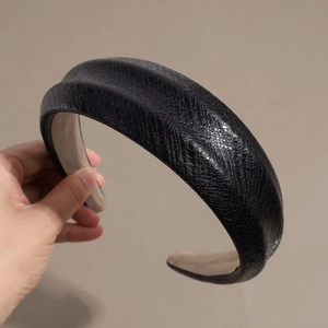 Fashionable black faux snakeskin leather wide headband with high crown padded design