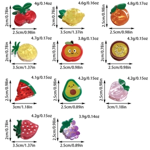 Dimensions détaillées et tableau des poids pour diverses mini pinces à cheveux fruits