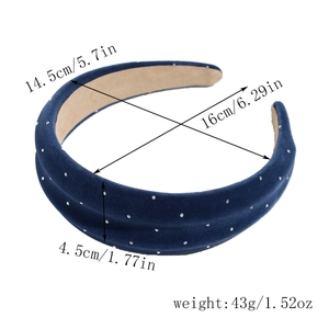 Detailed dimensions of dark blue velvet headband with sparkling silver rhinestones