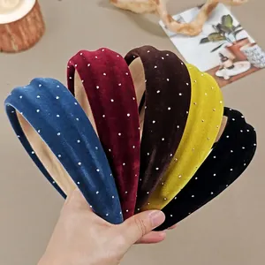 Vintage Velvet Wide Headband With Rhinestones For Women Korean Style Thick Hair Hoop Autumn Winter Hair Accessories