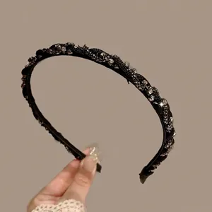 French Retro Rhinestone Chain Twist Headband Black Fabric Thin Edge Hairband For Women Elegant Headwear Hair Accessories