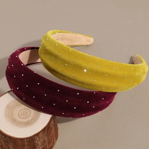 Vintage velvet padded headbands in burgundy and mustard yellow with sparkling rhinestones