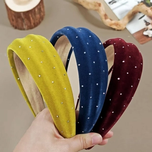 Three-piece velvet headbands in yellow, blue and red with sparkling rhinestones