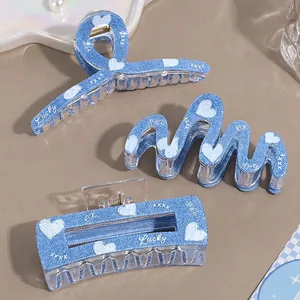 Korean Style Denim Blue Acrylic Hair Claw Clip For Women Fashion Heart Pattern Lucky Letter Print Shark Clip Hair Accessories