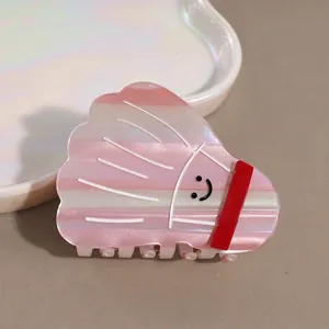 Cute Badminton Shape Claw Clip For Women Sweet Pink White Stripe Acrylic Shark Clip With Smiley Face Hair Accessory
