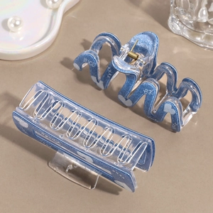 Blue denim pattern acrylic hair claw clips with heart prints and decorative text