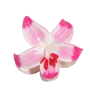Elegant narcissus flower hair claw clip with pink gradient petals and a vibrant red center
