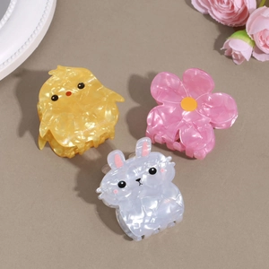 Lot de mini pinces à cheveux en acrylique avec motifs poussin jaune, fleur rose et lapin blanc