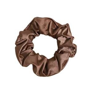 Elegant solid dark brown satin scrunchie with silky texture and elastic hair tie design