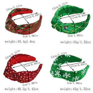 Detail showing four knotted Christmas headbands with sequins, polka dots, and snowflakes