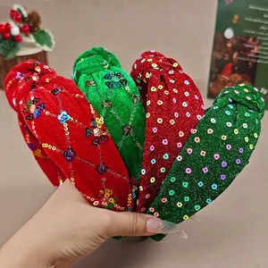 Christmas Knotted Headband Velvet Sequins Snowflake Floral Pattern For Women Holiday Party Hair Accessories