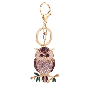 Cute owl keychain with rhinestones and enamel on golden tree branch for bag charm