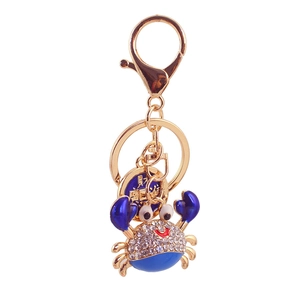 Porte-clés crabe bleu avec strass, finition dorée et breloque porte-bonheur pour sac