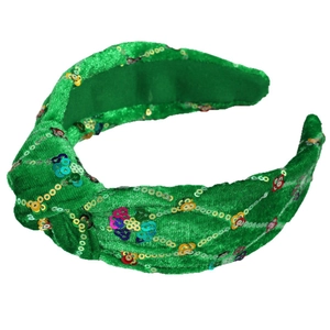 Green velvet Christmas headband with colorful sequins and stylish knotted top design