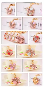 Detailed views of crystal heart keychains with enamel roses in various colors and gold clasp