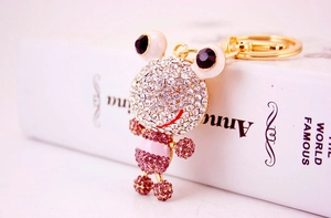 Vue macro d'un porte-clés grenouille en strass rose avec un fermoir doré brillant