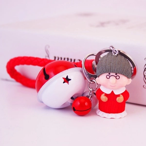 Porte-clés mamie mignonne avec corde tressée rouge et grande cloche rouge et blanche