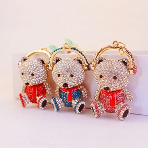 Cute Rhinestone Bear Keychain With Headphones Scarf Zinc Alloy Metal Cartoon Animal Bag Charm Pendant For Women Kids Gift