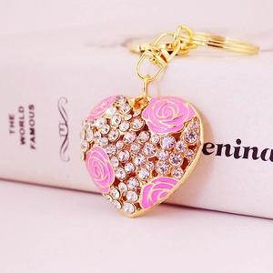 Luxury Alloy Rhinestone Heart Rose Keychain Gold Plated Enamel Floral Bag Pendant Decorative Charm Fashion Jewelry Gift