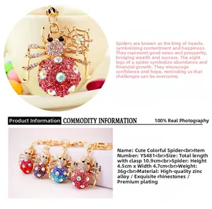 Close-up of colorful rhinestone spider keychain in red blue purple and pink finishes