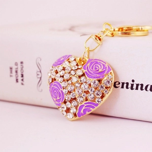 Sparkling crystal heart keychain with purple enamel rose and gold alloy finish