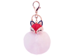Detailed close-up of a rhinestone fox keychain with pink faux fur pompom and gold clasp