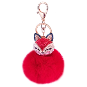Fox Head Rhinestone Keychain With Faux Fur Pompom Zinc Alloy Artificial Pearl Animal Bag Charm For Women Decorative Key Ring