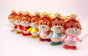 Detailed macro view of colorful enamel monkey keychains with sparkling rhinestones