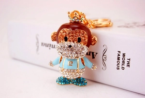 Detailed close-up of a crystal monkey keychain with gold metal and colorful rhinestones