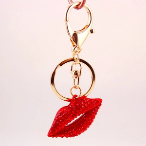 Sparkling red rhinestone lips keychain with golden lobster clasp and round key ring
