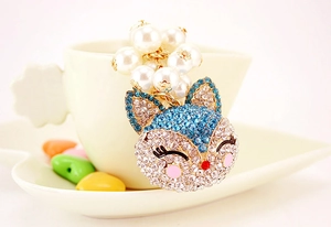 Detail showing blue and white rhinestone fox pendant with imitation pearl accents
