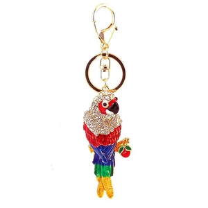 Colorful enamel parrot keychain with sparkling crystals and gold metal hardware finish
