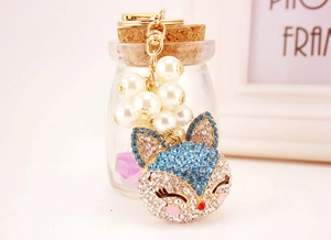 Detail of fox head keychain with blue rhinestones and white imitation pearls on gold ring