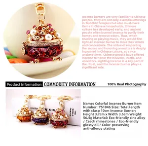 Detail view of mini incense burner keychain with Czech crystals and faux pearls