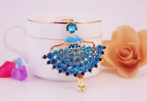 Detailed view of ballerina keychain with blue rhinestones on a gold metal base