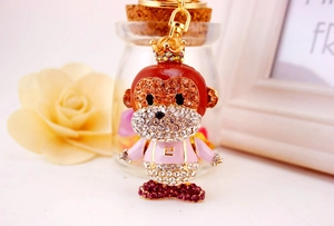 Detailed view of monkey keychain with red enamel and sparkling crystal rhinestones