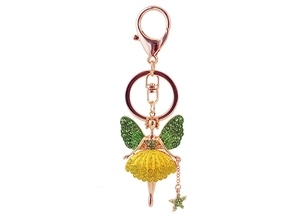Détail du porte-clés ange or rose avec strass verts et jaunes et pendentif en étoile