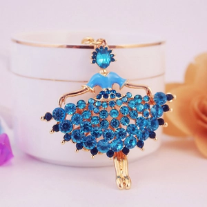 Blue rhinestone ballerina keychain with gold metal base and sparkling crystal skirt