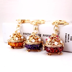 Luxurious Treasure Bowl Keychain With Rhinestone Faux Artificial Pearl Inlaid Enamel Alloy Traditional Chinese Style Bag Hanging Decor