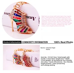 Detailed view of colorful high heel keychain with dimensions 11.9cm and Czech rhinestones