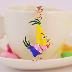 Creative rhinestone banana rooster keychain charm with yellow enamel on white cup
