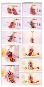 Detailed views of creative high heel keychain with multi-color rhinestones and lobster clasp